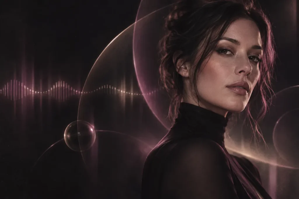 Fictional adult companion portrait with plum light and a conversational waveform.