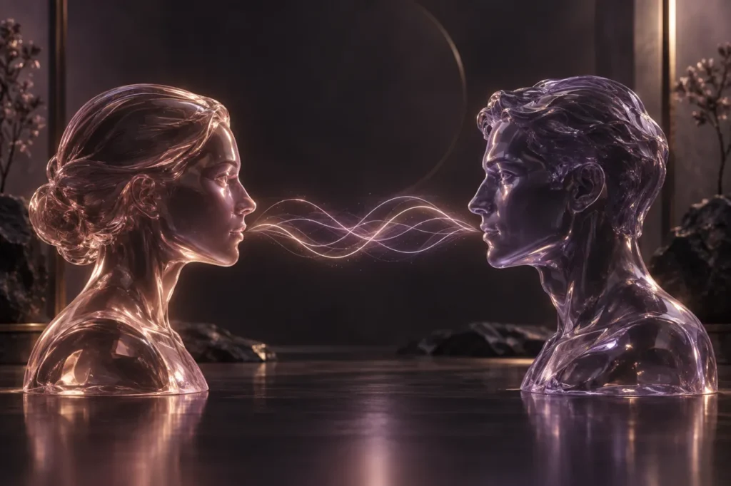 Two glass profiles linked by light waves, illustrating a comparison of AI companions.