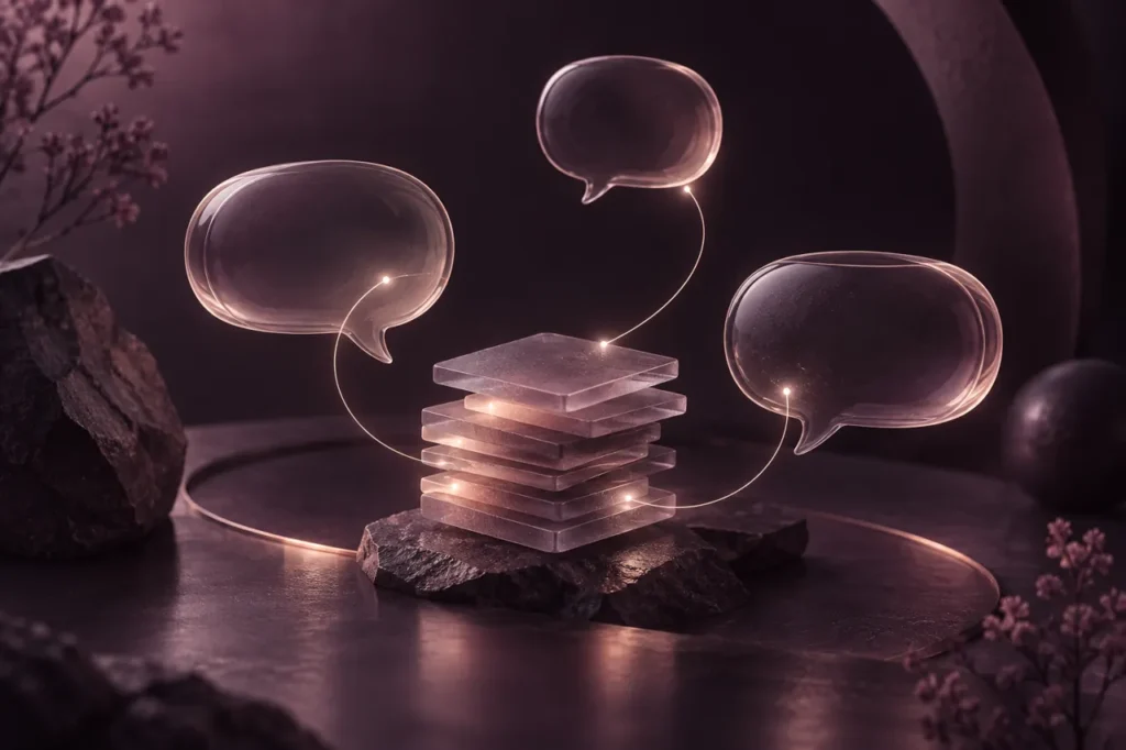 Glass conversation bubbles linked to selected memory tiles against a plum background.