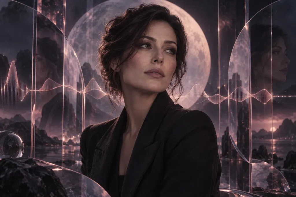 Fictional adult companion portrait against a moonlit glass landscape.